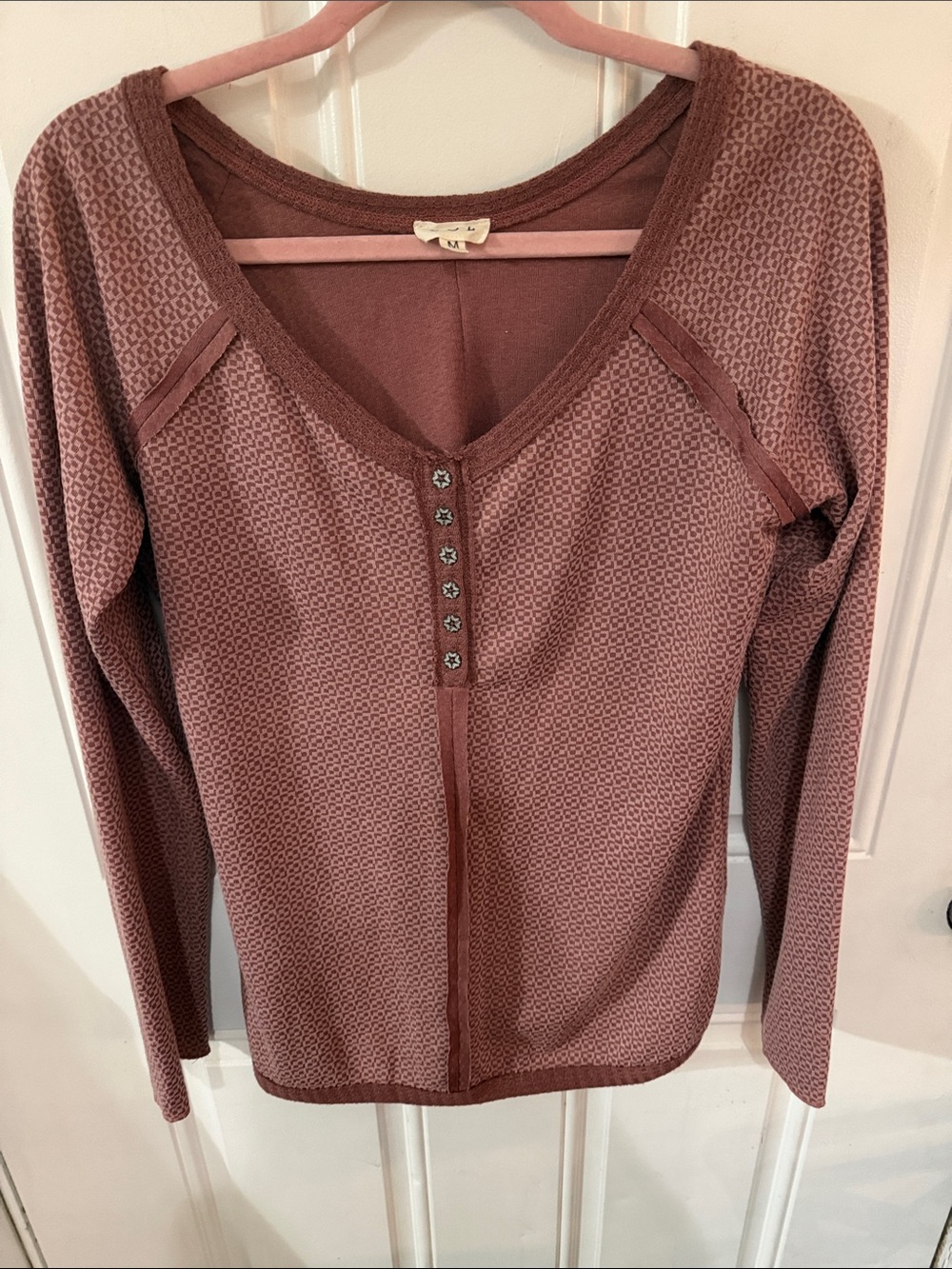 POL Dusty Mauve Button-Front Long Sleeve Henley